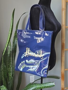 Harrods Navy Patent Tote with Gold Logo